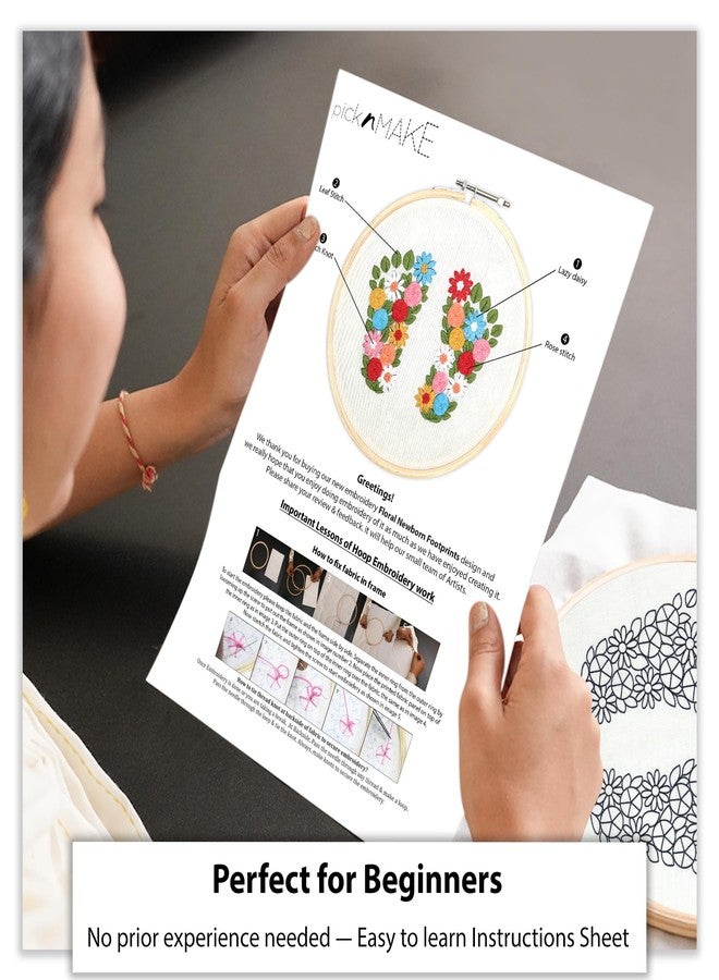picknMAKE Floral Newborn Footprints DIY Hand Embroidery Kit for Beginners & Adults | 8 Inch Hoop | Handmade Craft Gift for New Moms, Moms-to-Be & Baby Welcome Décor - Image 4